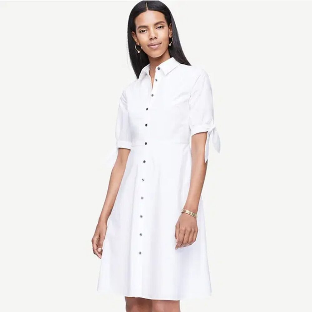ANN TAYLOR Poplin Tie Sleeve Button-Down Shirt Dress, White, Sz 00